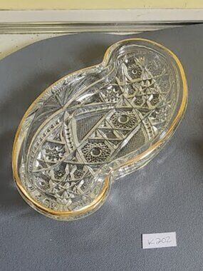 EAPG McKee Glass Press Cut Fentec Spoon Tray with Gold Gilt Trim